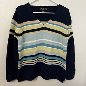 Vintage Eddie Bauer Cotton Blend Navy Striped V-Neck Pullover Sweater